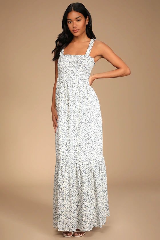 Wish Come True White Floral Print Smocked Tie-Back Maxi Dress | Lulus (US)
