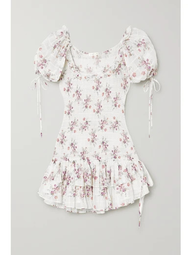 LoveShackFancy - Aerin Violet Floral-print Shirred Cotton-voile Mini Dress - White | NET-A-PORTER (US)