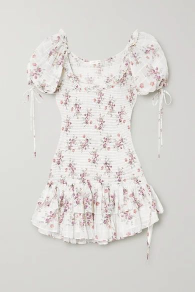 LoveShackFancy - Aerin Violet Floral-print Shirred Cotton-voile Mini Dress - White | NET-A-PORTER (US)