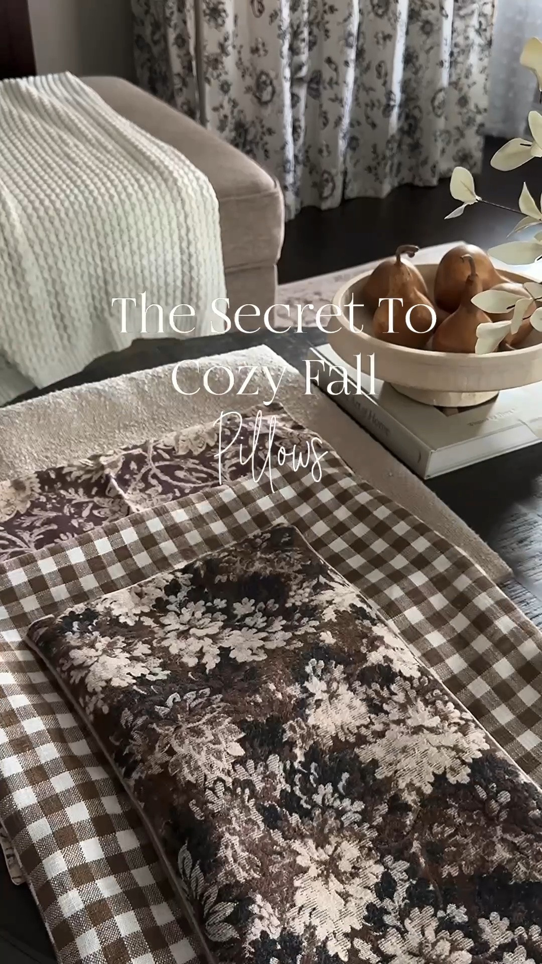 Fall Pillows!! Love this combination. Mixing patterns creates a cozy cohesive look🤎🍂

My cream boule pillow is 22”x 22”. I used an insert that is 24” x 24”. The brown gingham and burgundy floral pillows are 20” x 20”. The insert used is 22” x 22”. 

Fall pillow covers, pillow inserts, pedestal bowl, dried gourds, cream eucalyptus, taupe vase, round coffee table

#LTKstorytime #LTKSeasonal #LTKHome