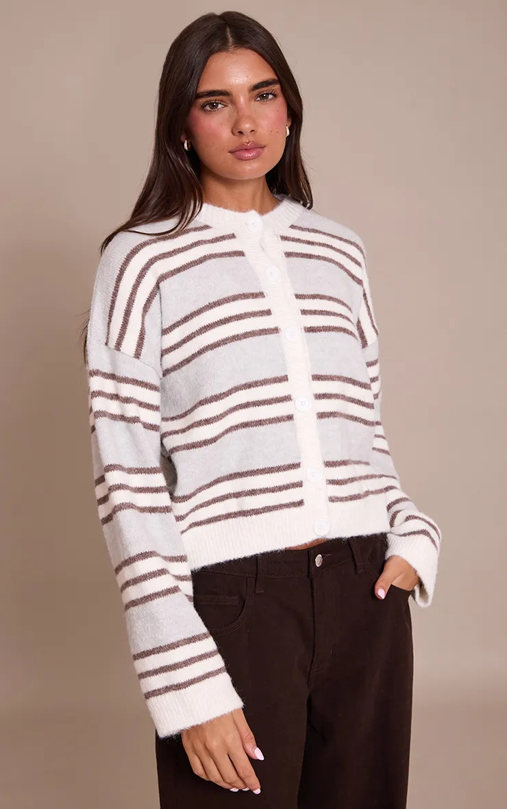 Grey Wool Blend Striped Cardigan | PrettyLittleThing UK