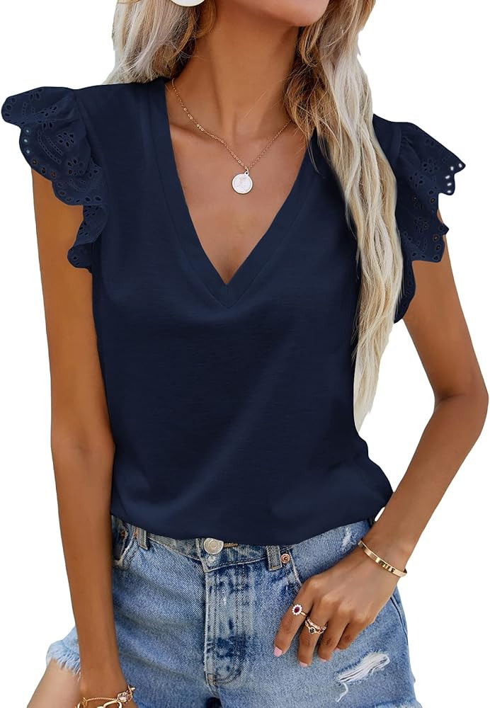 WDIRARA Women's Ruffle Cap Sleeve V Neck Top Blouse Casual Solid Shirts | Amazon (US)