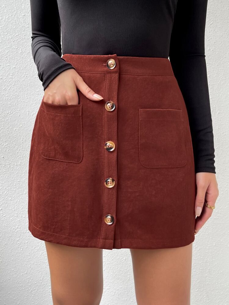 Dual Pocket Button Front Skirt | SHEIN
