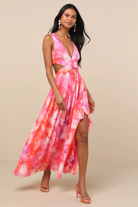 Elisanna Pink Multi Floral Lace-Up Midi Dress | Lulus