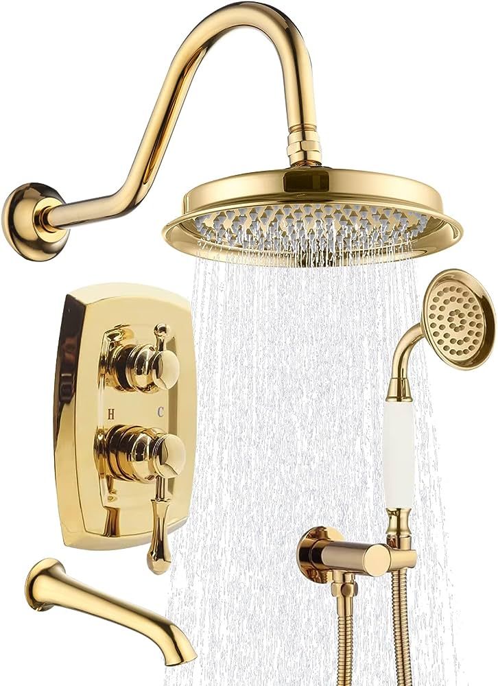 ZYGOLVQ Gold Vintage Brass Shower System with Tub Spout - 9" Wall Mounted Rainfall Head and Brass... | Amazon (US)