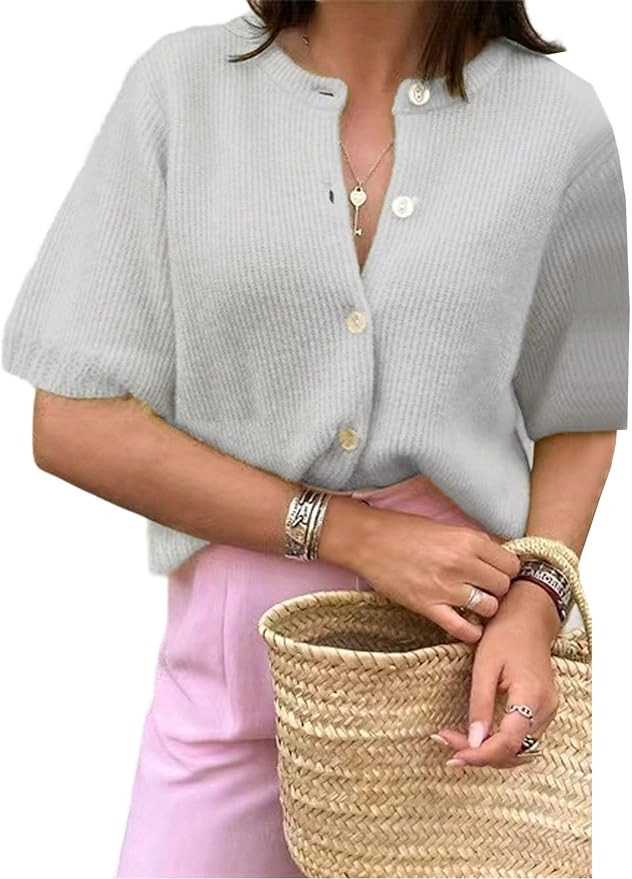 SHENHE Women's Y2K Short Sleeve Cardigan Button Down Knitted Lightweight Cropped Cardigan Sweater | Amazon (US)
