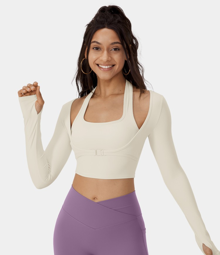 Women's Cloudful® Halter Thumb Hole Long Sleeve Cropped 2-in-1 Sports Top - HALARA | HALARA
