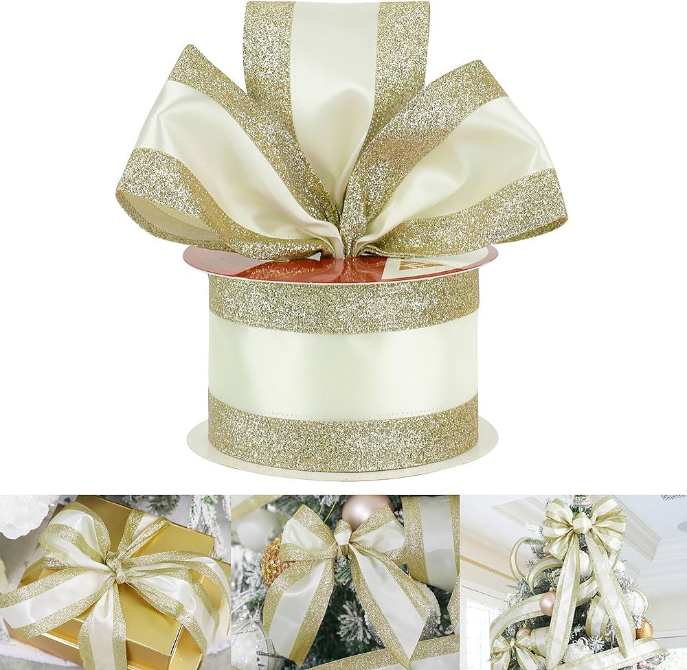 HUIHUANG Gold Wired Satin Ribbon with Glitter Stripe Edges 2.5 inch, Gold and White Christmas Rib... | Amazon (US)