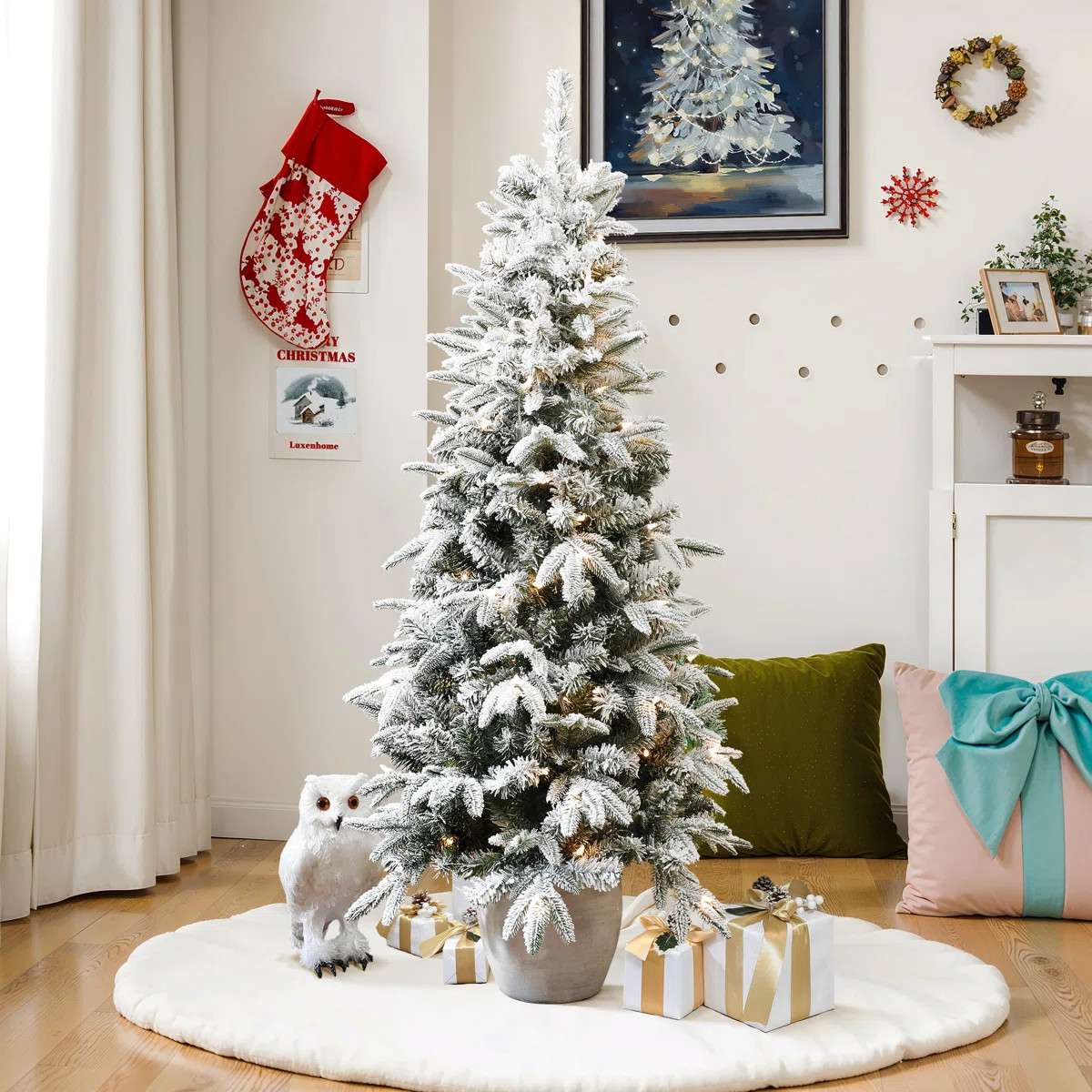 5Ft Pre-Lit Snow Flocked Slim Fir Potted Artificial Christmas Tree | Wayfair North America