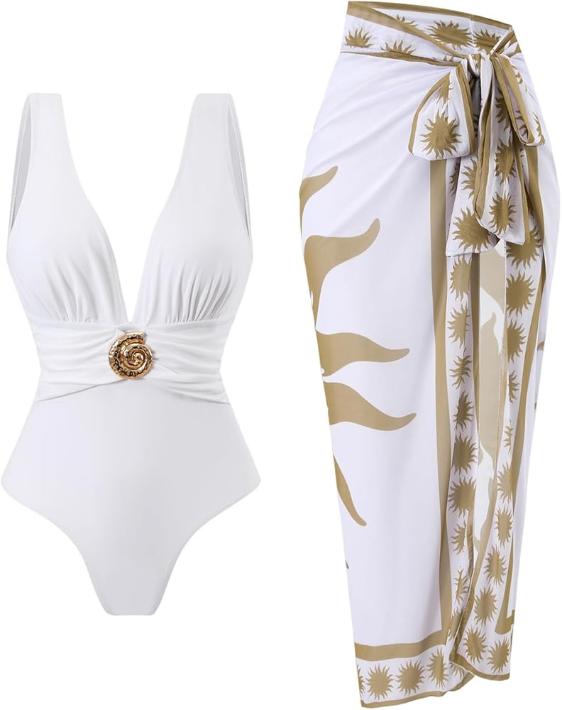 SherryDC One Piece Swimsuit with Cover up Wrap Skirt Sarong Floral Print Plunge V Neck Bathing Su... | Amazon (US)