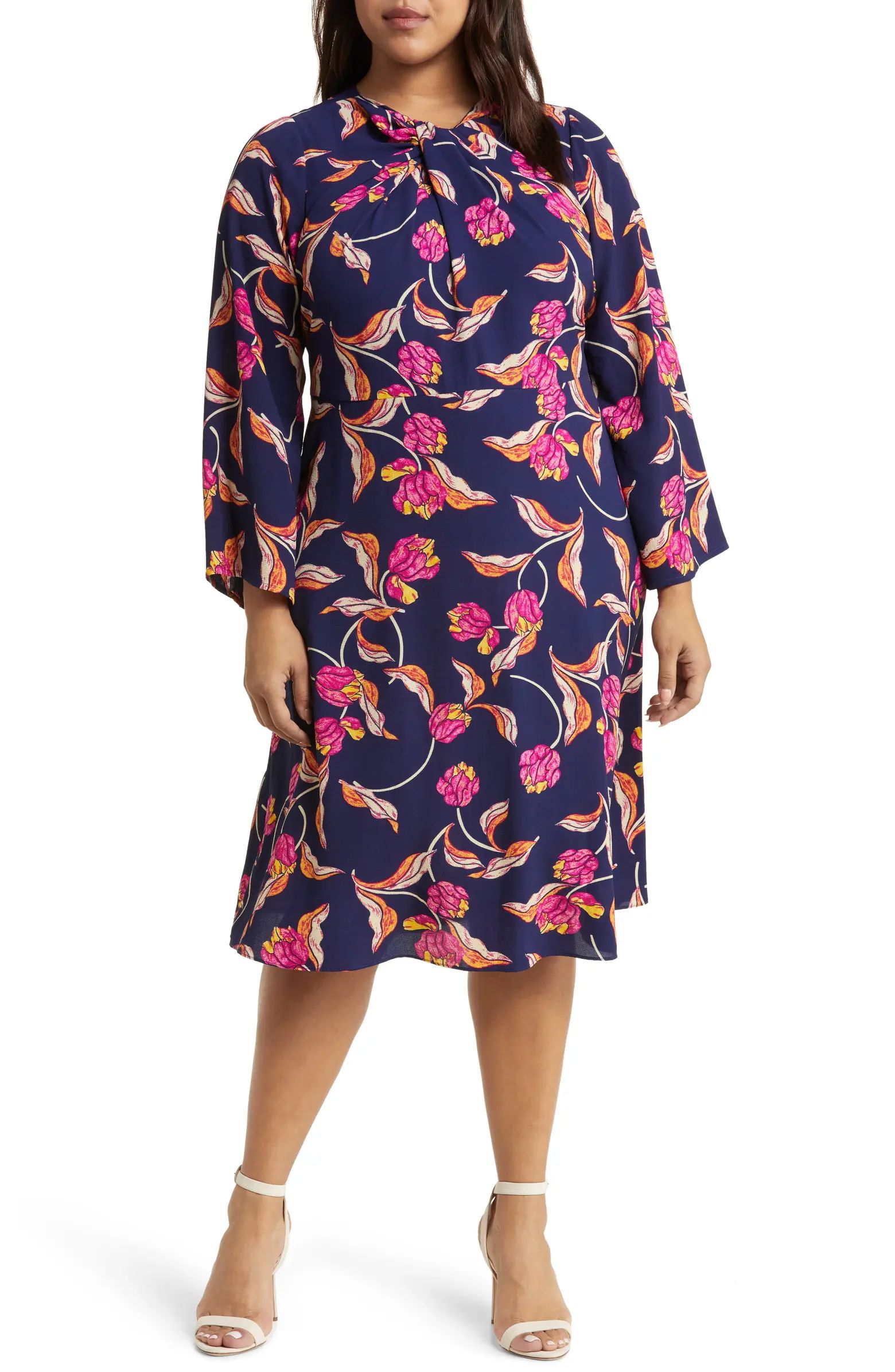 Floral Twist Detail Long Sleeve Midi Dress | Nordstrom