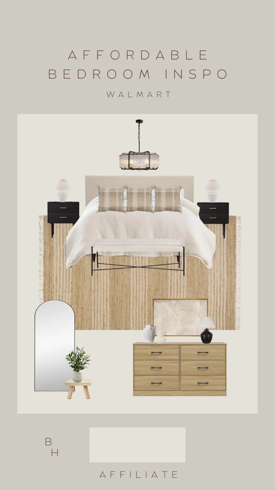 Styled affordable bedroom from Walmart!!

Ribbed neutral Headboard - under $300
Black nightstands - under $70
affordable rug
Dresser under $200

All so many affordable finds!!
#ltkhome