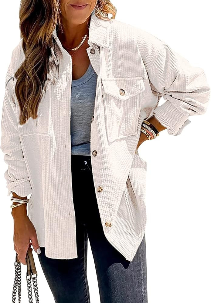Amazon.com: Beyove White Button Down Shacket for Women Corduroy Long Sleeve Jacket Oversized Casu... | Amazon (US)