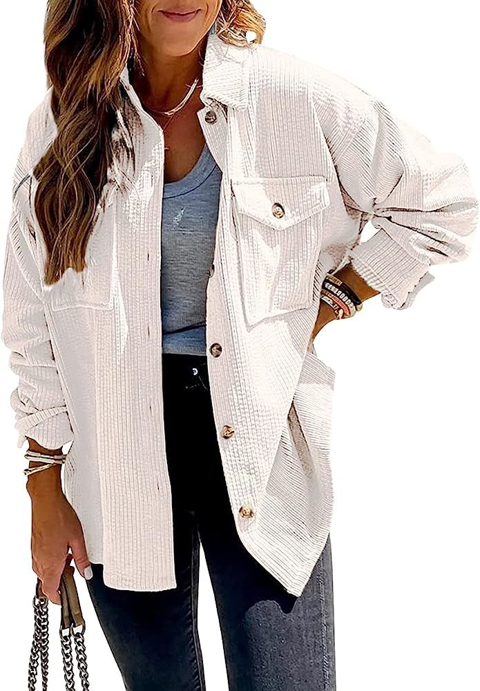 Amazon.com: Beyove White Button Down Shacket for Women Corduroy Long Sleeve Jacket Oversized Casu... | Amazon (US)