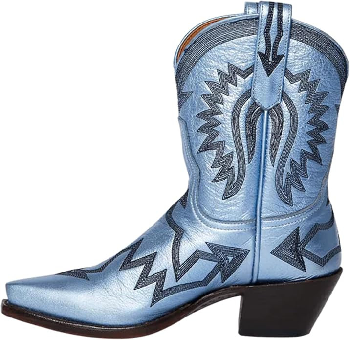 Metallic Embroidered Cowgirl Boots For Women Pointed Toe Western Boots Chunky Heel Pull On Short ... | Amazon (US)