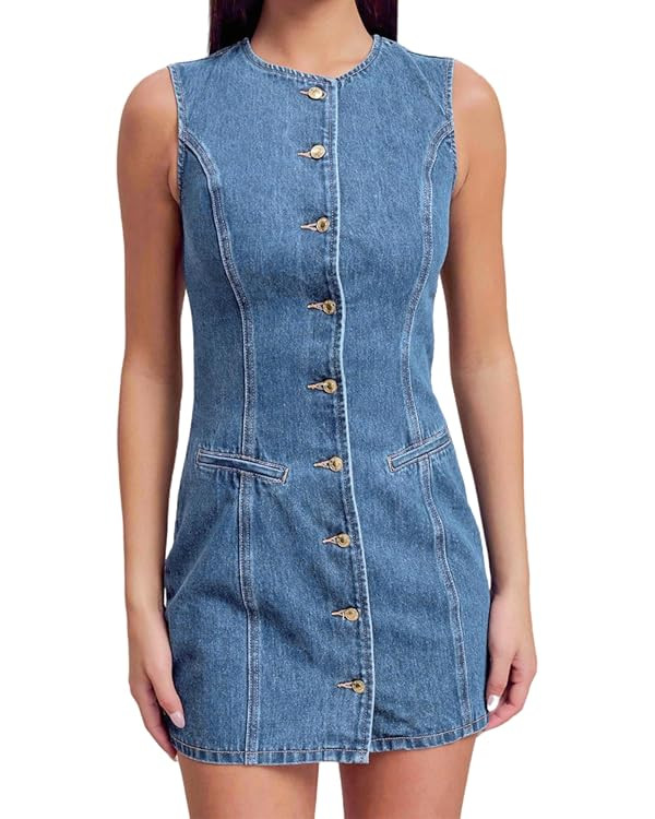 Women's Denim Mini Dress Sleeveless Crewneck Button Up Bodycon Stretchy Casual Jean Tank Dresses | Amazon (US)