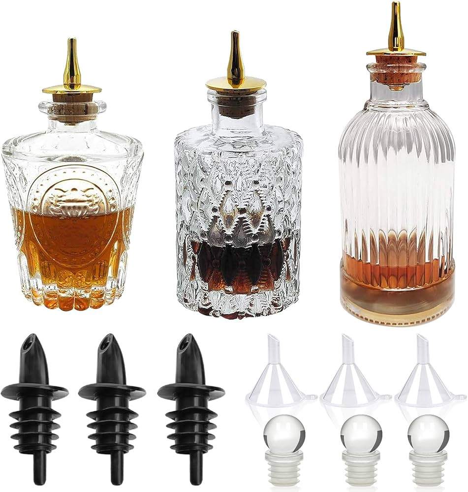 LINALL Bitters Bottle Set - Glass Vintage Bottle, Decorative Bottles with Dash Top, Dasher Bottles for Making Cocktail Great For Bartender Home Bar (3 pack) | Amazon (US)