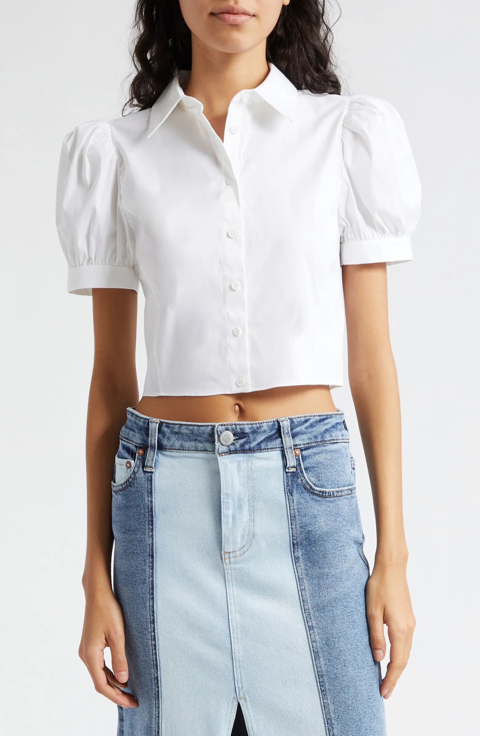 Willa Puff Sleeve Crop Cotton Blend Button-Up Shirt | Nordstrom
