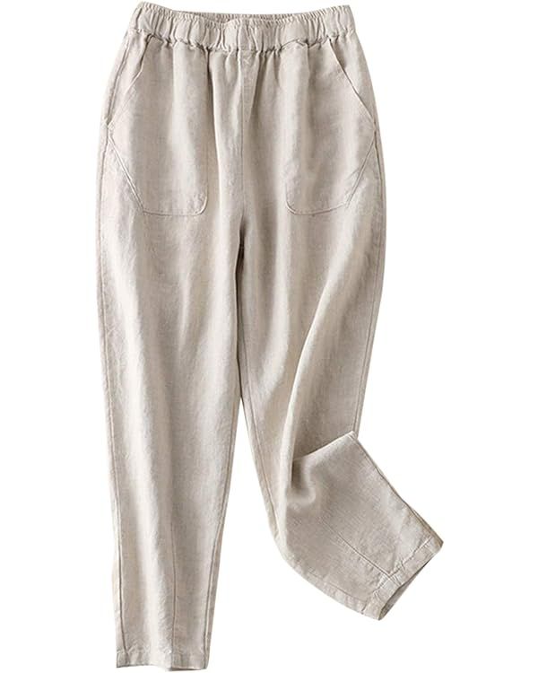 IXIMO Women's 100% Linen Capris Elastic Waist Tapered Cropped Pants with Pockets | Amazon (US)