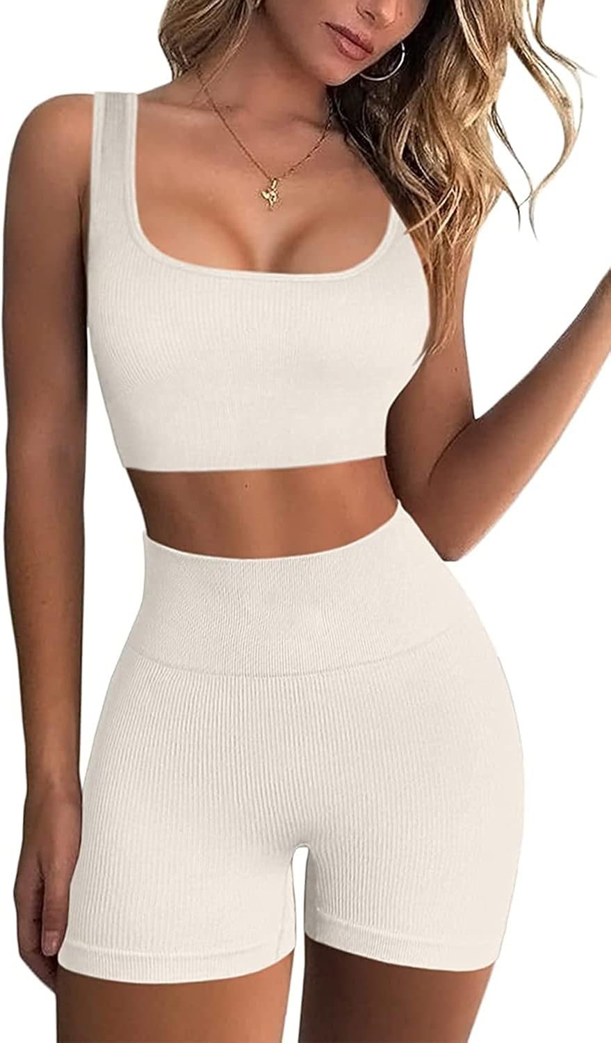 Yanekop Womens 2 Piece Ribbed Seamless Yoga Sets Crop Tank High Waist Shorts Leggings Outfits Wor... | Amazon (US)