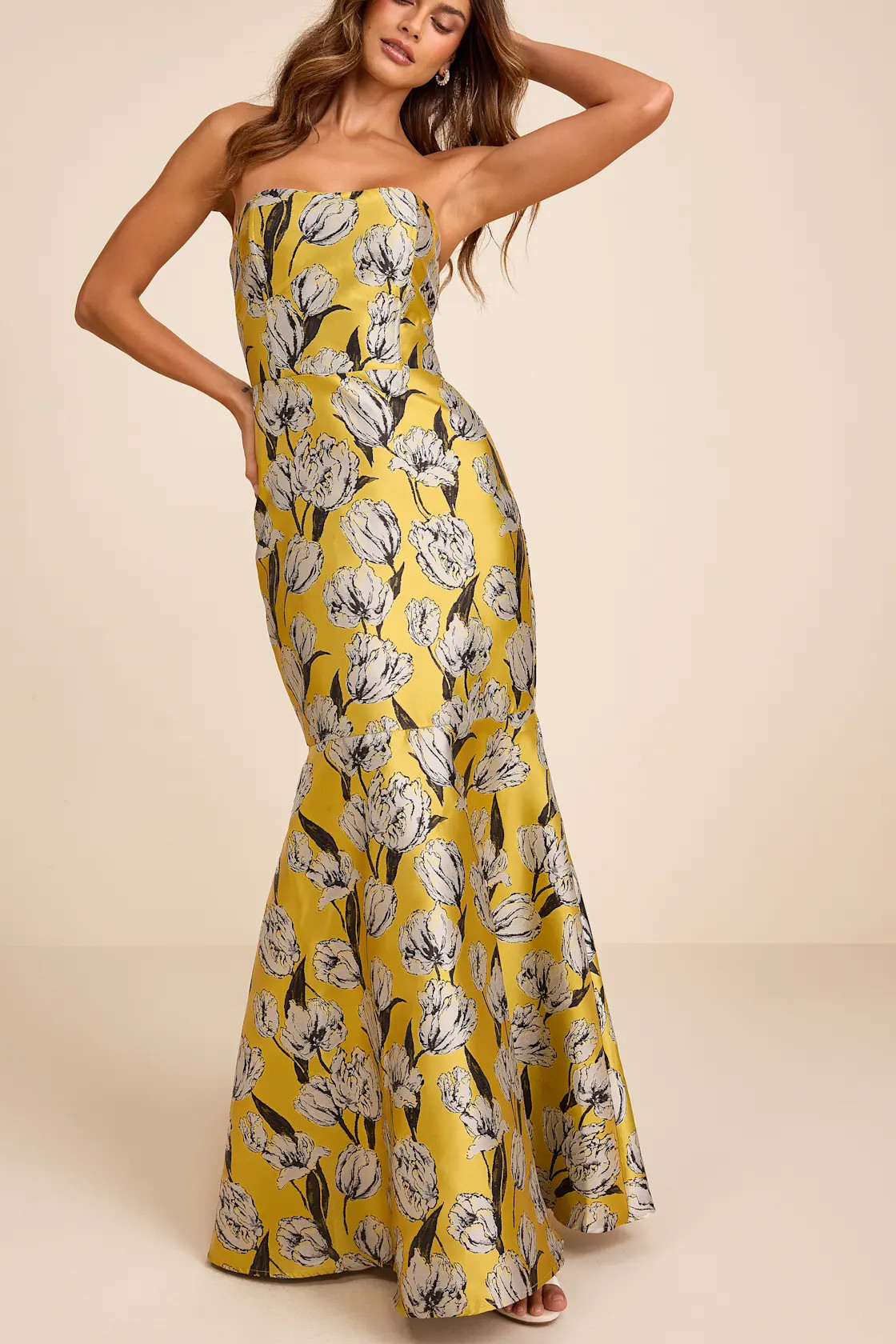 Gowning Around Yellow Floral Jacquard Strapless Maxi Dress | Lulus