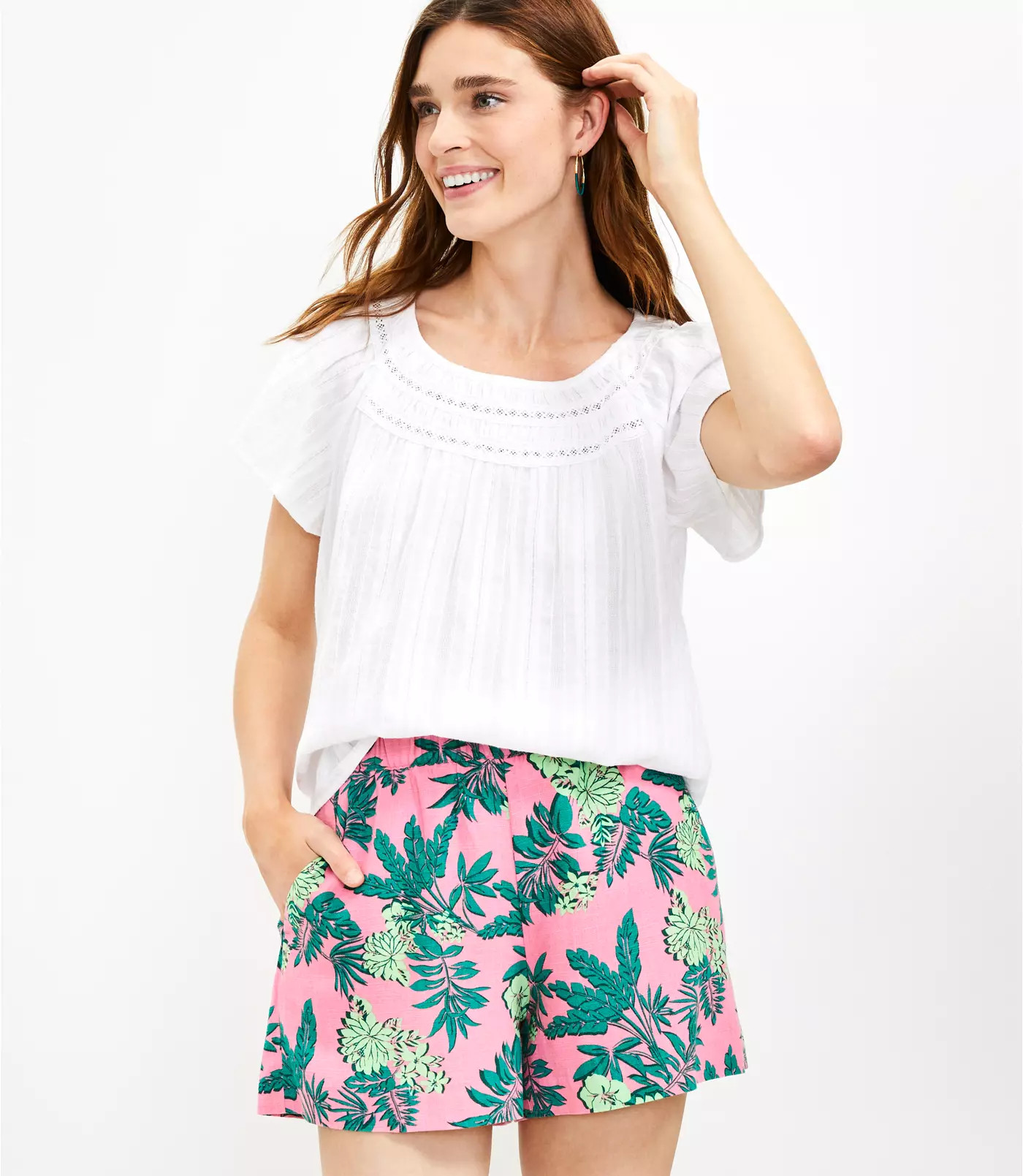 Lace Stripe Shirred Scoop Neck Top | LOFT