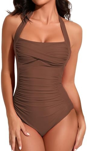 Smismivo Tummy Control Swimwear Halter One Piece Slimming Vintage Retro Swimsuit Womens Ruched Pu... | Amazon (US)