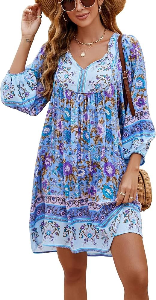 Bluetime Women Casual Summer Dress Boho V Neck 3/4 Sleeve Short Babydoll Floral Print Flowy Beach... | Amazon (US)