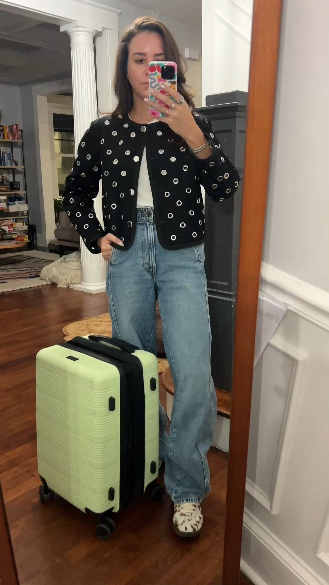 Travel style. Airport style. Airport outfit. Travel outfit. Grommet. Grommet jacket. Barrel jeans. Light color jeans. Calpak. Veronica beard. Pony hair shoes. Cow print sneaker. Apiece apart. 

#LTKWorkwear #LTKTravel