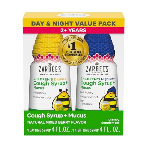 Zarbee's Children’s Honey Cough Syrup + Mucus Day & Night Value Pack, Daytime & Nighttime Toddler Cough Syrup, Dark Honey, Ivy Leaf Extract, Chamomile, Mixed Berry Flavor, 2X 4 Fl Oz | Amazon (US)