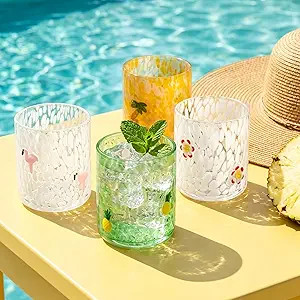 JarThenaAMCS 4Pcs Summer Icon Juice Glass 14 Oz Wine Glass Flamingo Pineapple Coconut Tree Hibisc... | Amazon (US)