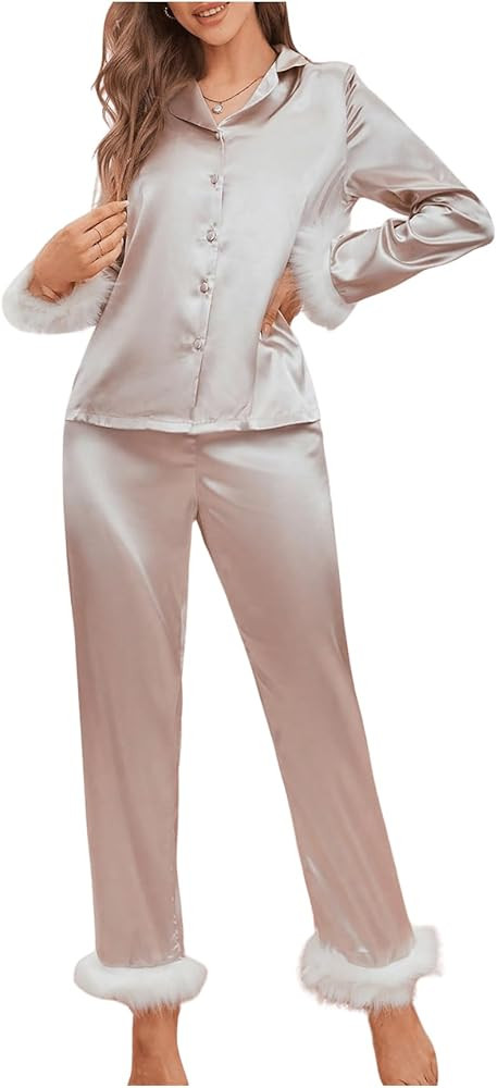 Verdusa Women's Fuzzy Fur Trim Satin Pajama Set Button Down Long Sleeve Shirt with Pants | Amazon (US)