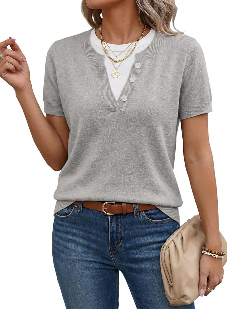 SHEWIN Womens Sweaters Short Sleeve Color Block Tops Lightweight Summer Spring Shirts Business Ca... | Amazon (US)