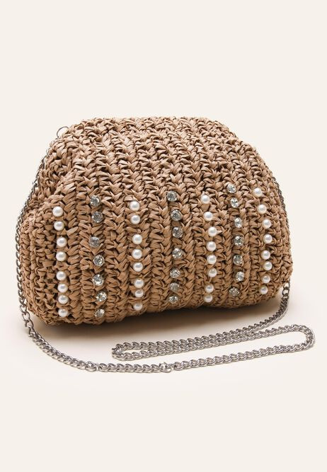 Womens Brown Straw Embellished Clutch Bag | Peacocks