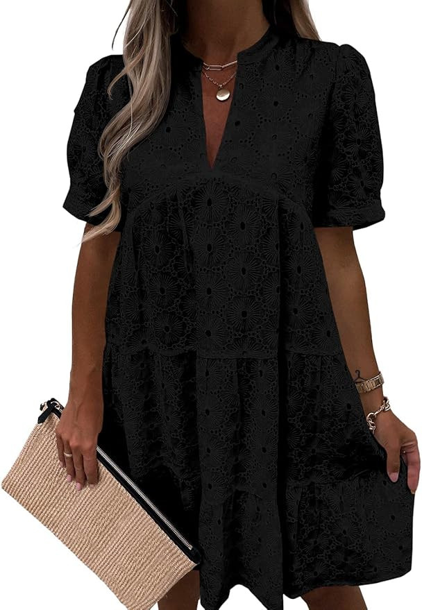 Imily Bela Womens Summer Lace Dresses Eyelet Casual Flowy Babydoll Swing Short Sleeve V Neck Tuni... | Amazon (US)