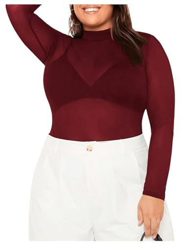 COZYEASE Women's Plus Size Sheer Mesh Tops Mock Neck Long Sleeve Tee Tops Trendy Slim Fit Clubwear Burgundy 5XL | Amazon (US)