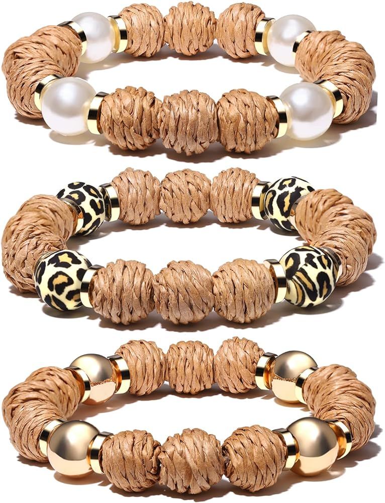 3 Pack Rattan Bracelets for Women Handmade Woven Rattan Ball Beaded Stretch Bracelets Stackable B... | Amazon (US)