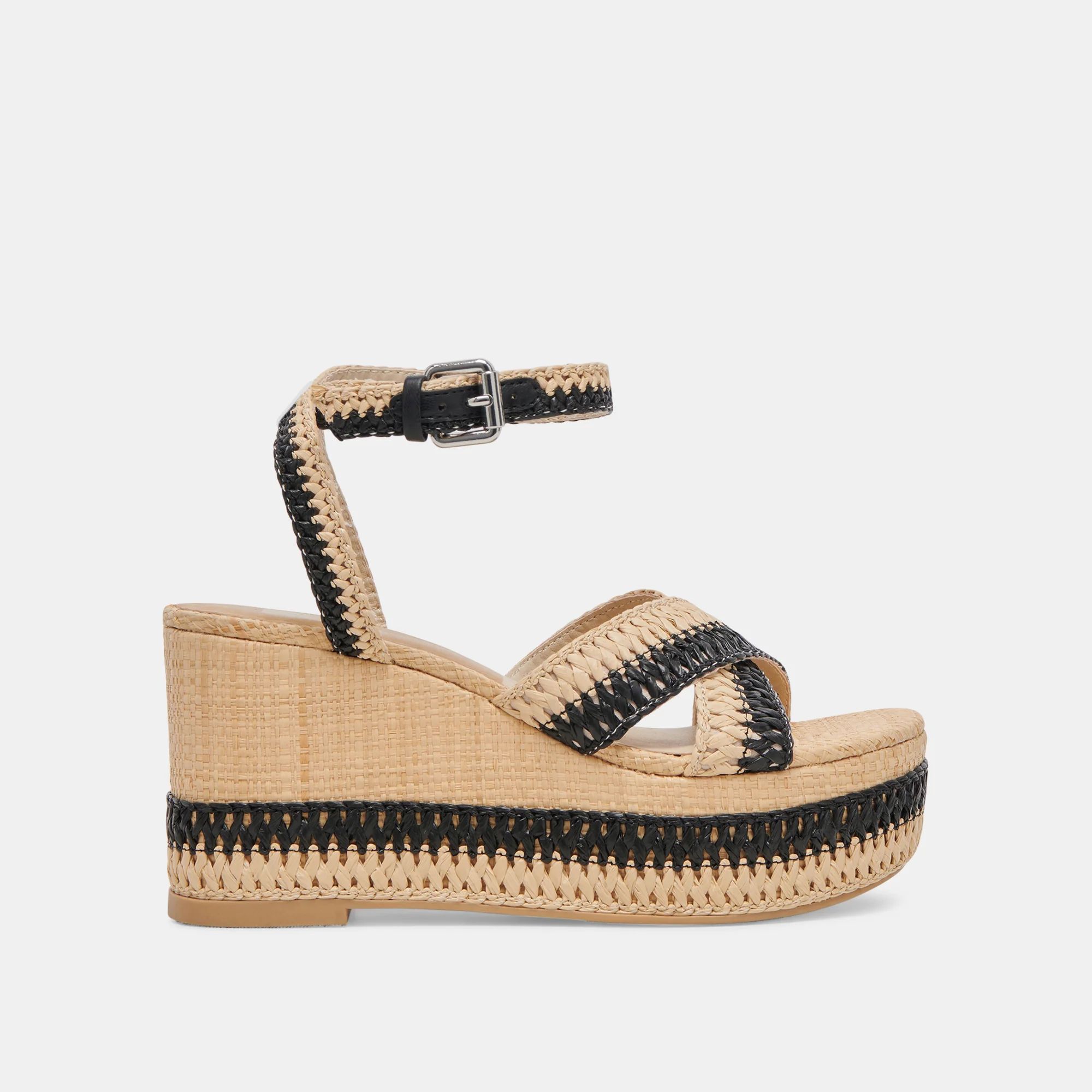 Tulane Wedges Black Natural Raffia | DolceVita.com