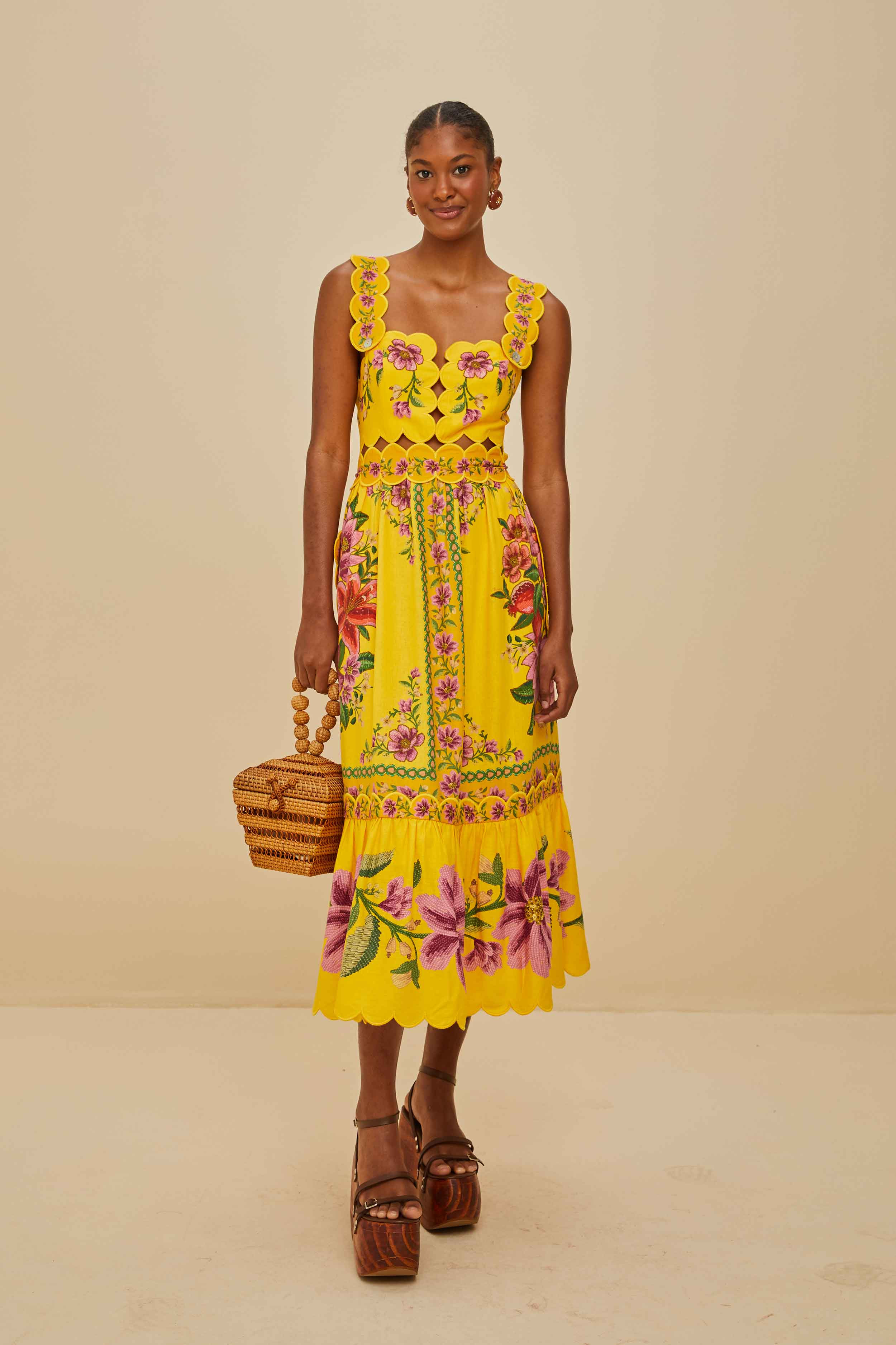 Yellow Summer Fruit Scarf LENZING™ ECOVERO™ Euroflax™ Midi Dress | FarmRio (US)