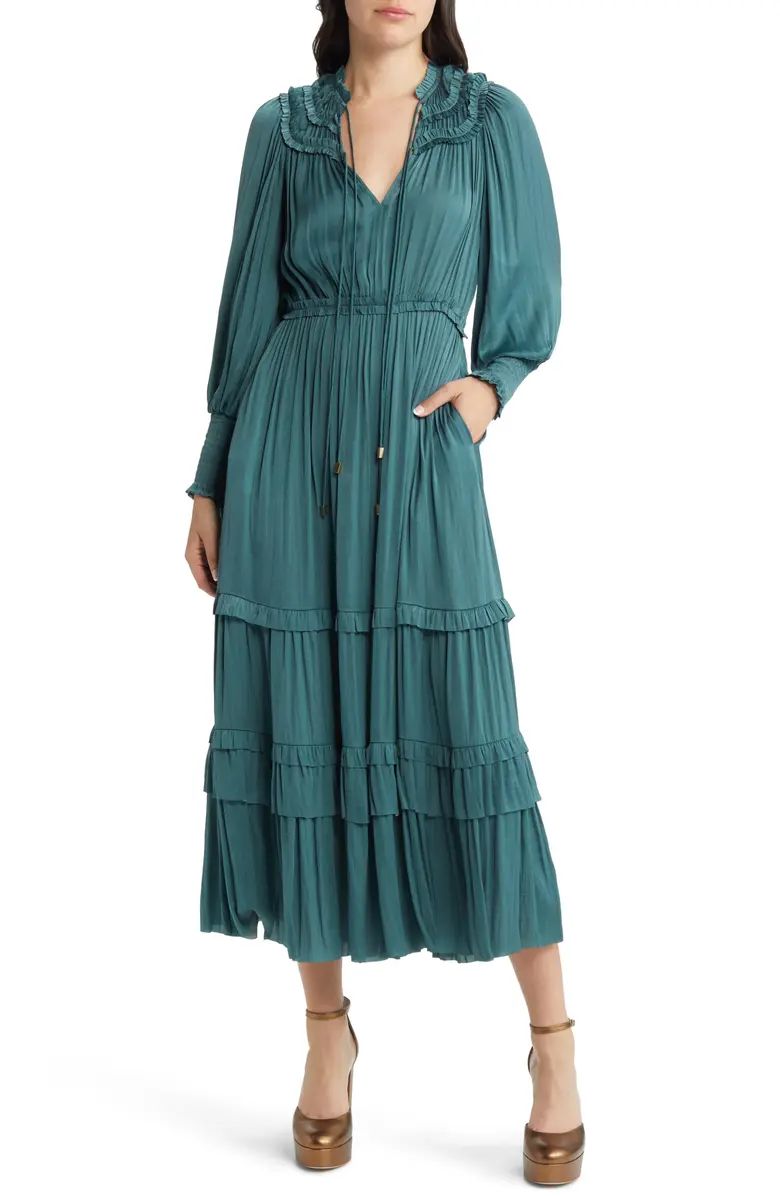 Long Sleeve Crinkle Satin Tiered Maxi DressMOON RIVER | Nordstrom