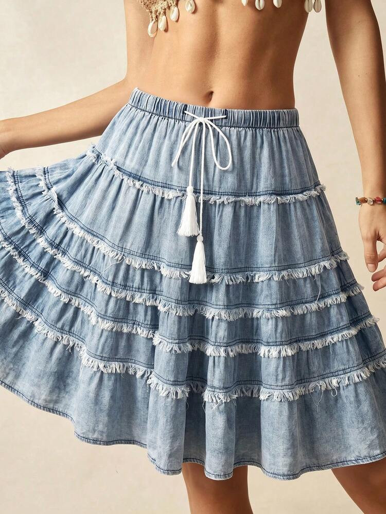 Bohemela Women's Summer Casual Vacation Loose Blue Denim 40% Cotton Washed Fringe Drawstring Casu... | SHEIN