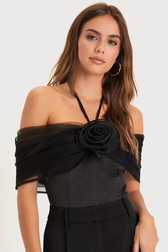 Trendsetting Moment Black Mesh Rosette Off-the-Shoulder Bodysuit | Lulus