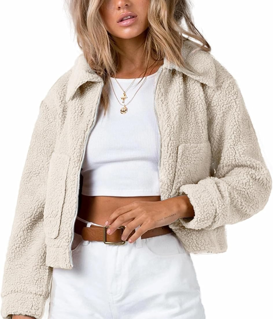 Flygo Womens Cropped Zip Up Lapel Shaggy Teddy Fleece Jacket Faux Fur Coat | Amazon (US)