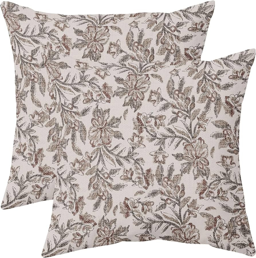 Floral Block Print Pillow Covers 20x20 Set of 2 Vintage Flower Brown Grey Decorative Throw Pillow... | Amazon (US)