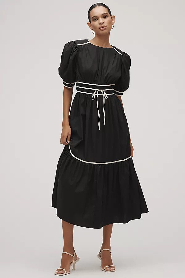 English Factory Puff-Sleeve Piped Midi Dress | Anthropologie (US)