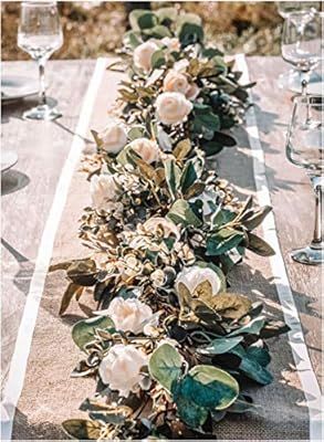 Eucalyptus Garland with Flowers - 17 Ivory Roses - Lush, Natural Looking Eucalyptus and Flower Ga... | Amazon (US)