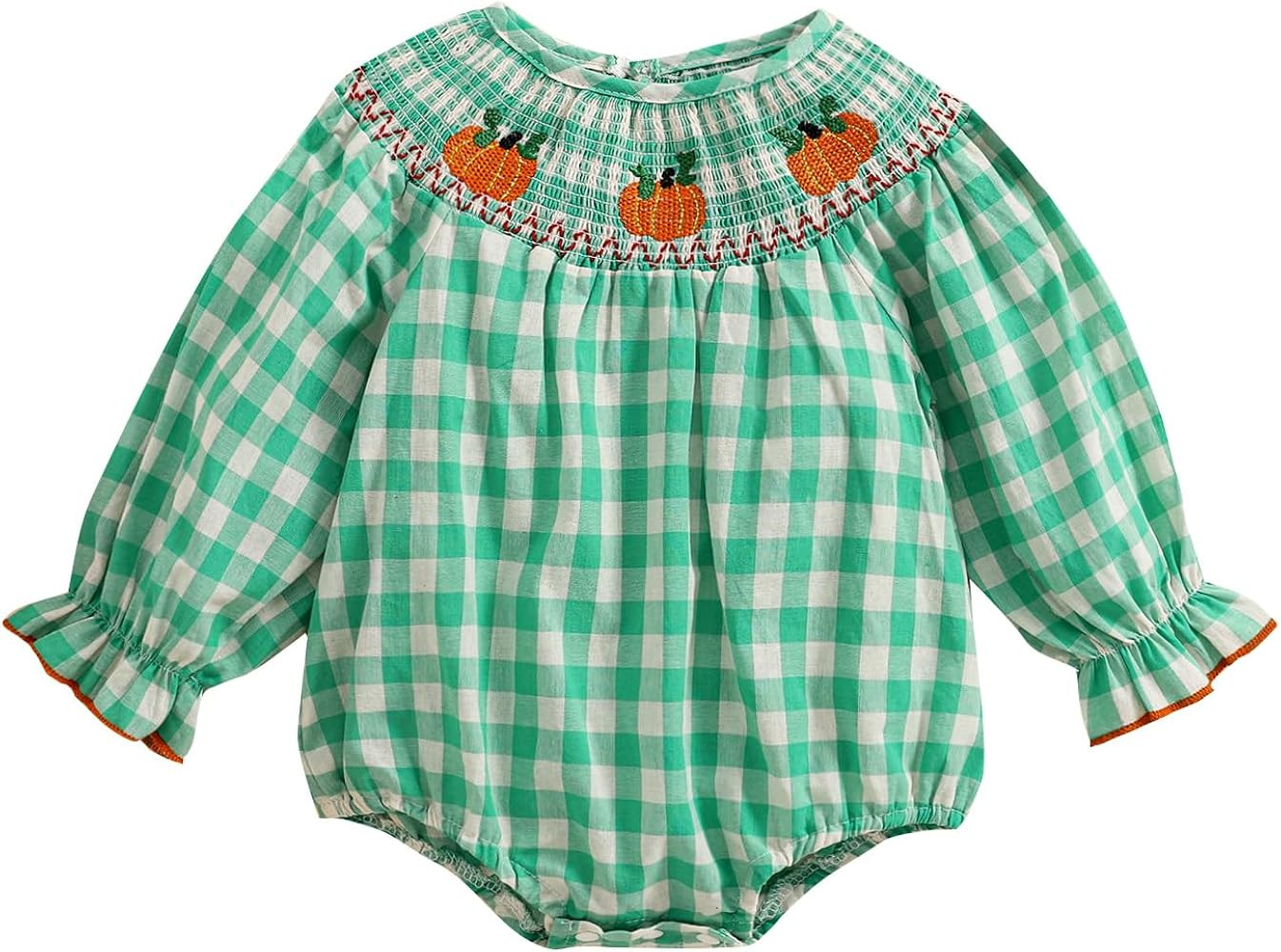 Newborn Baby Girl Halloween Romper Plaid Pumpkin Embroidery Long Puff Sleeve Smocked Romper Cotto... | Amazon (US)