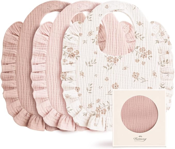 Konssy 3-Pack Muslin Baby Girl Bibs, 100% Cotton with Ruffle Trim | Amazon (US)