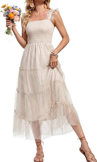 Simplee Womens Summer Tulle Wedding Guest Dress 2026 Polka Dot Sleeveless Smocked Ruffle Flowy Me... | Amazon (US)