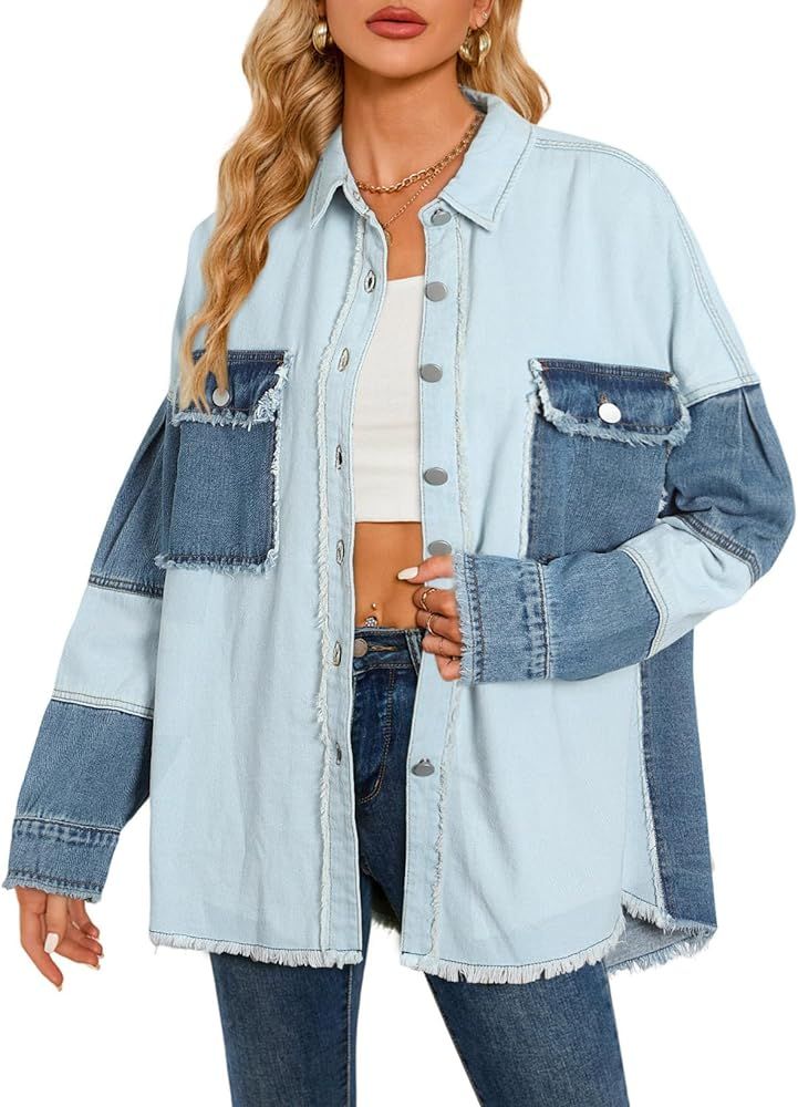 Dokotoo Jean Jacket Women Oversized Patchwork Fashion 2023 Shacket Jacket Women Long Boyfriend Bu... | Amazon (US)